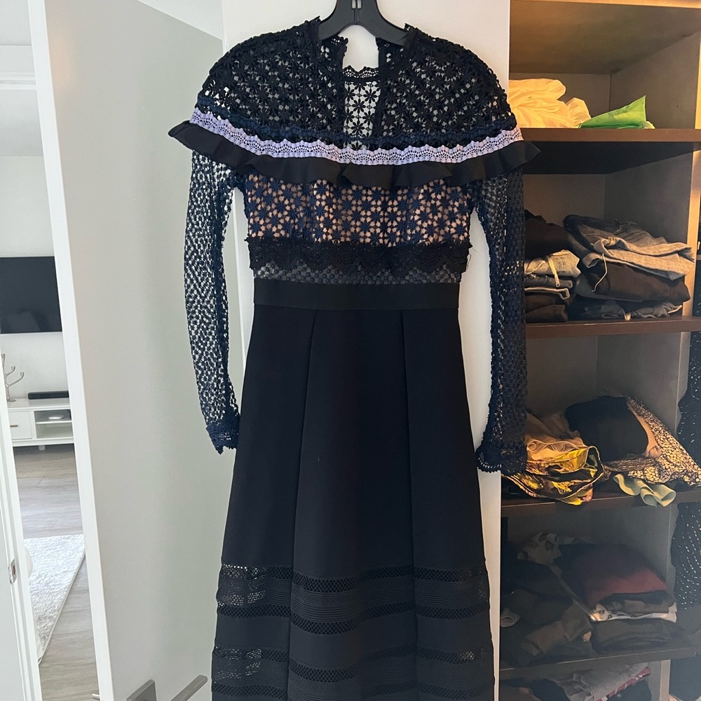 Self Portrait long sleeve gown in navy and black